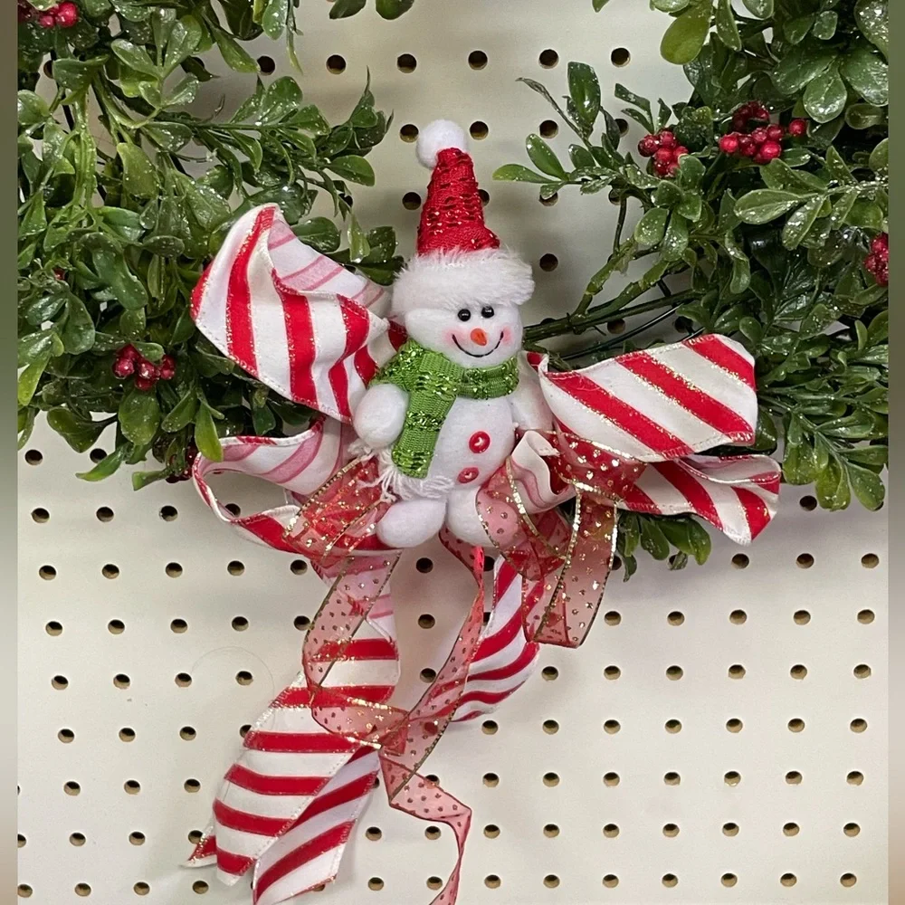 Handmade Holiday Wreath with Snowman and Red Berries 14 Inches